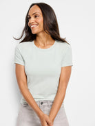 Pale sage green short sleeve crew neck tee. Plain fabric, close fit.