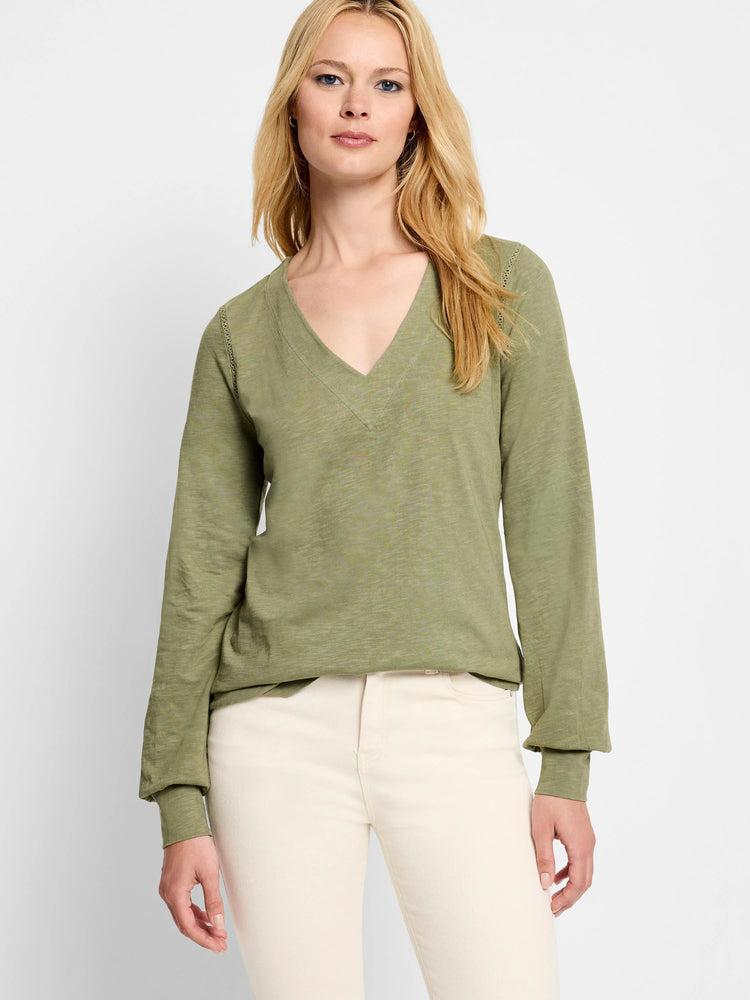 Olive green long-sleeve v-neck top with lace detail at shoulder.  Slightly puffed sleeves.