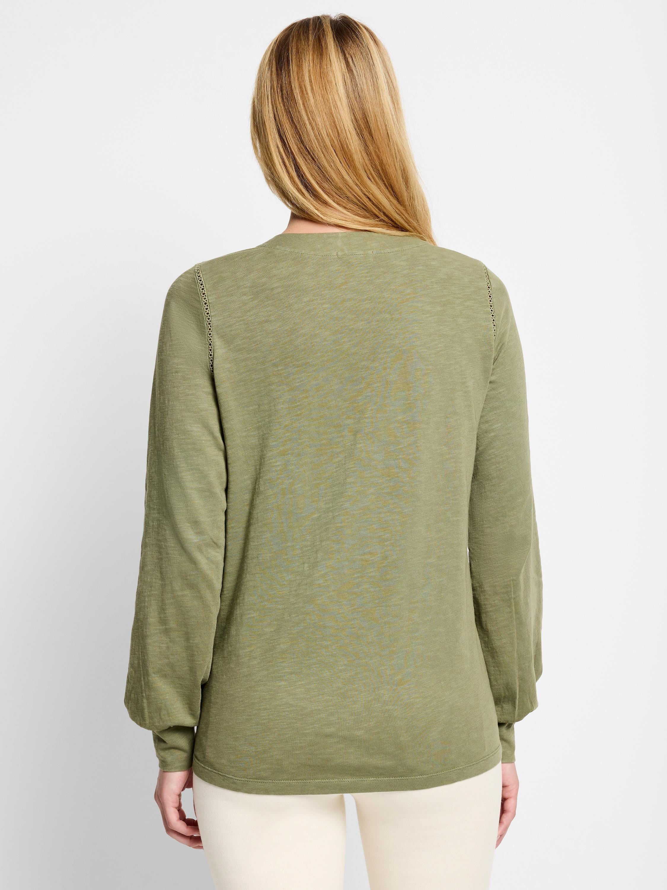 Olive green long-sleeve top with lace shoulder detailing.  Back view.