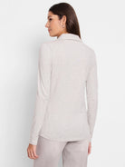 Light gray heather long-sleeve polo shirt; collared, fitted. Shown from the back.