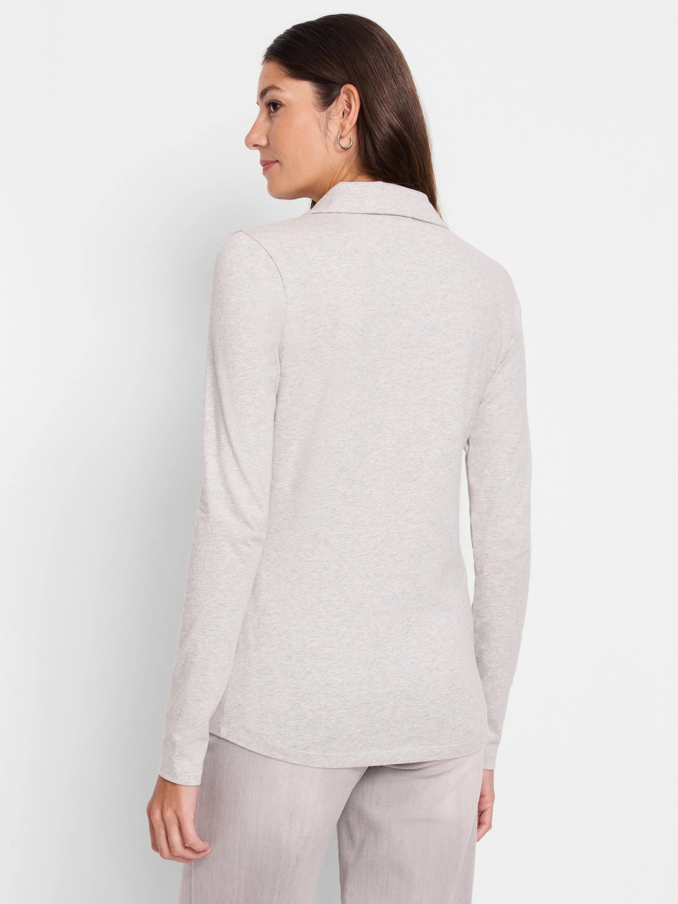 Light gray heather long-sleeve polo shirt; collared, fitted. Shown from the back.