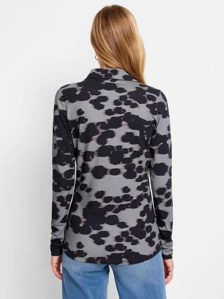 Gray long-sleeve polo shirt with a dark-gray/black abstract print.  Collared.