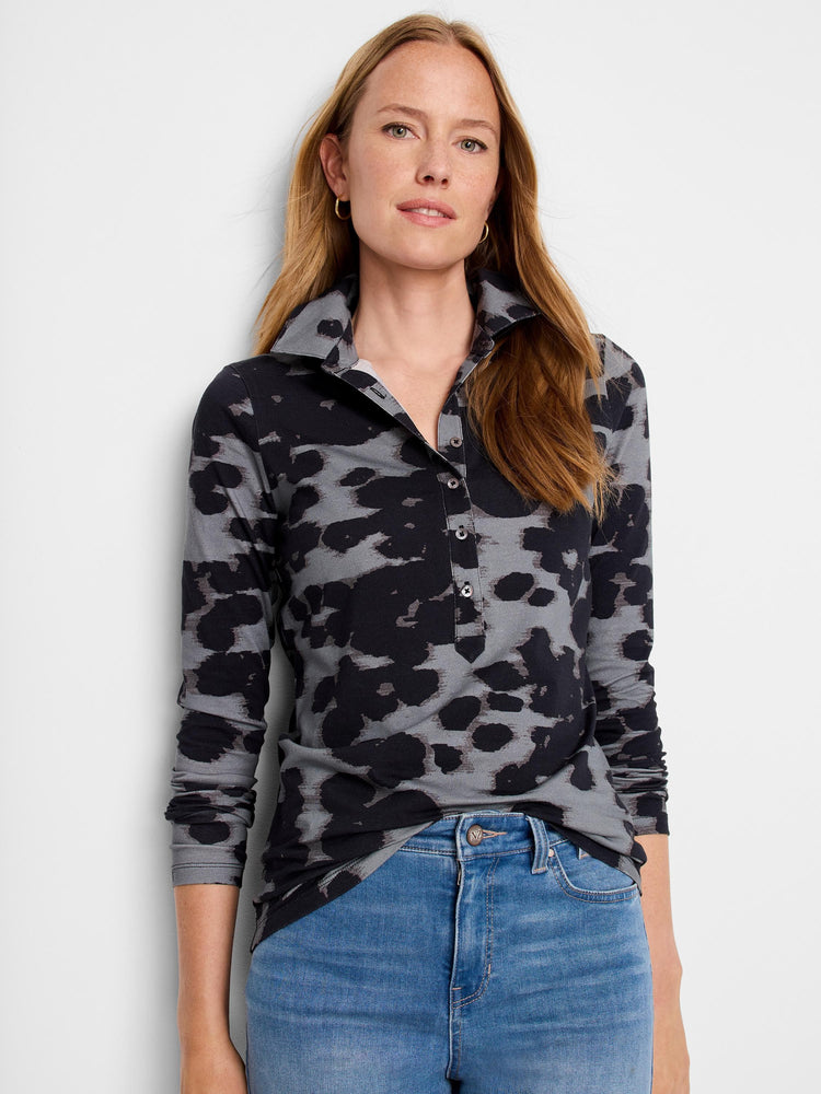 Long-sleeve polo shirt with a gray and black abstract print.  Button placket.
