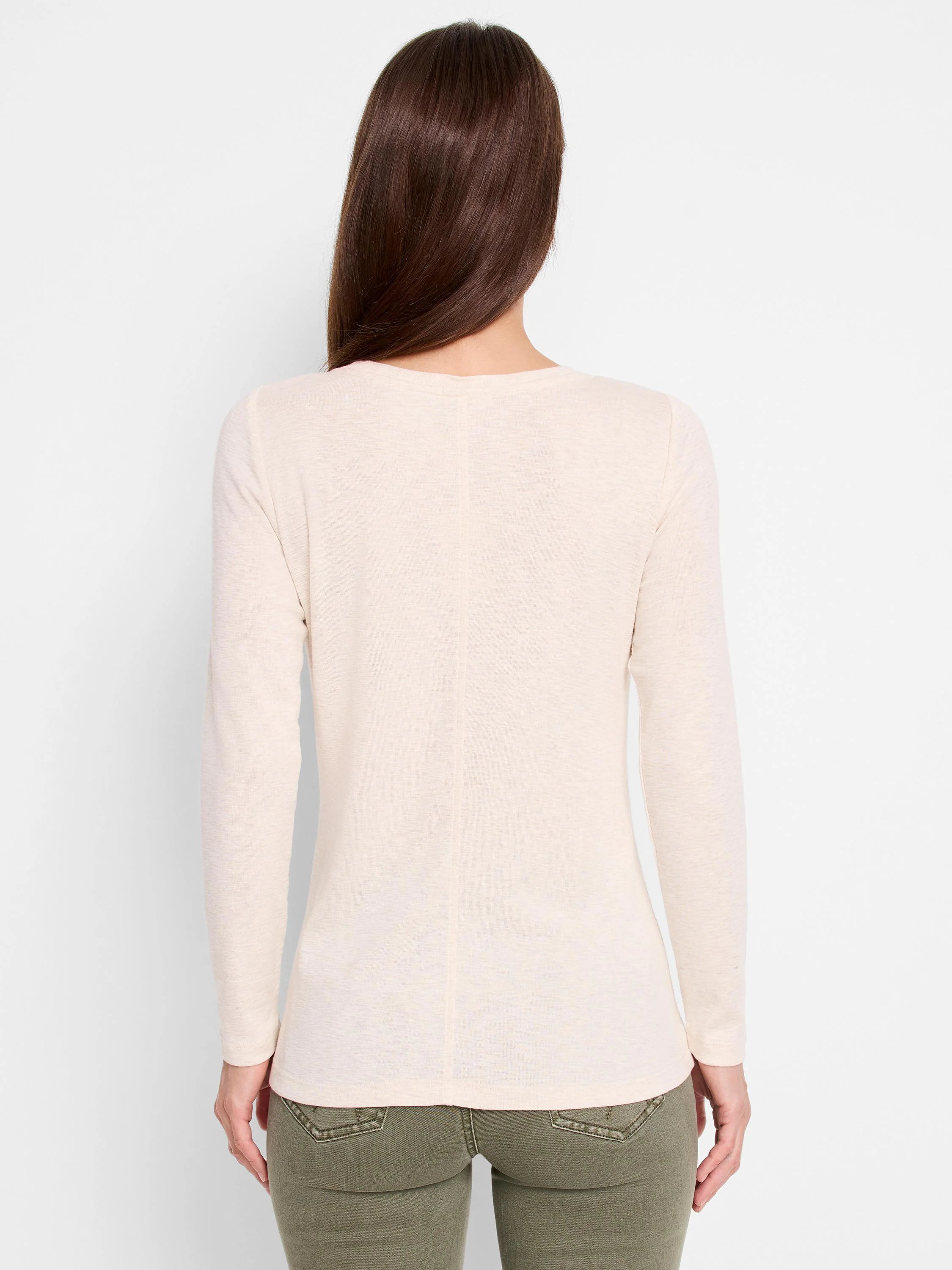 Off-white long-sleeve shirt, crew neckline, shown from the back.