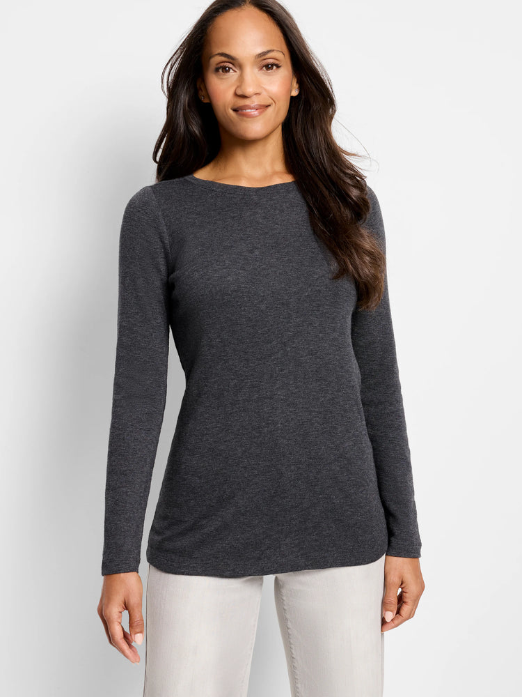 Dark gray, long-sleeved boatneck shirt;  model shown wearing it.