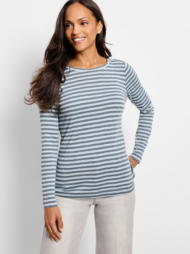Blue and gray horizontal striped long-sleeve shirt; boat neck.
