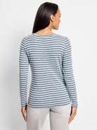Blue and gray horizontally striped long-sleeve shirt; boat neck.