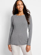 Gray and dark gray horizontal striped long-sleeve shirt; round neck.