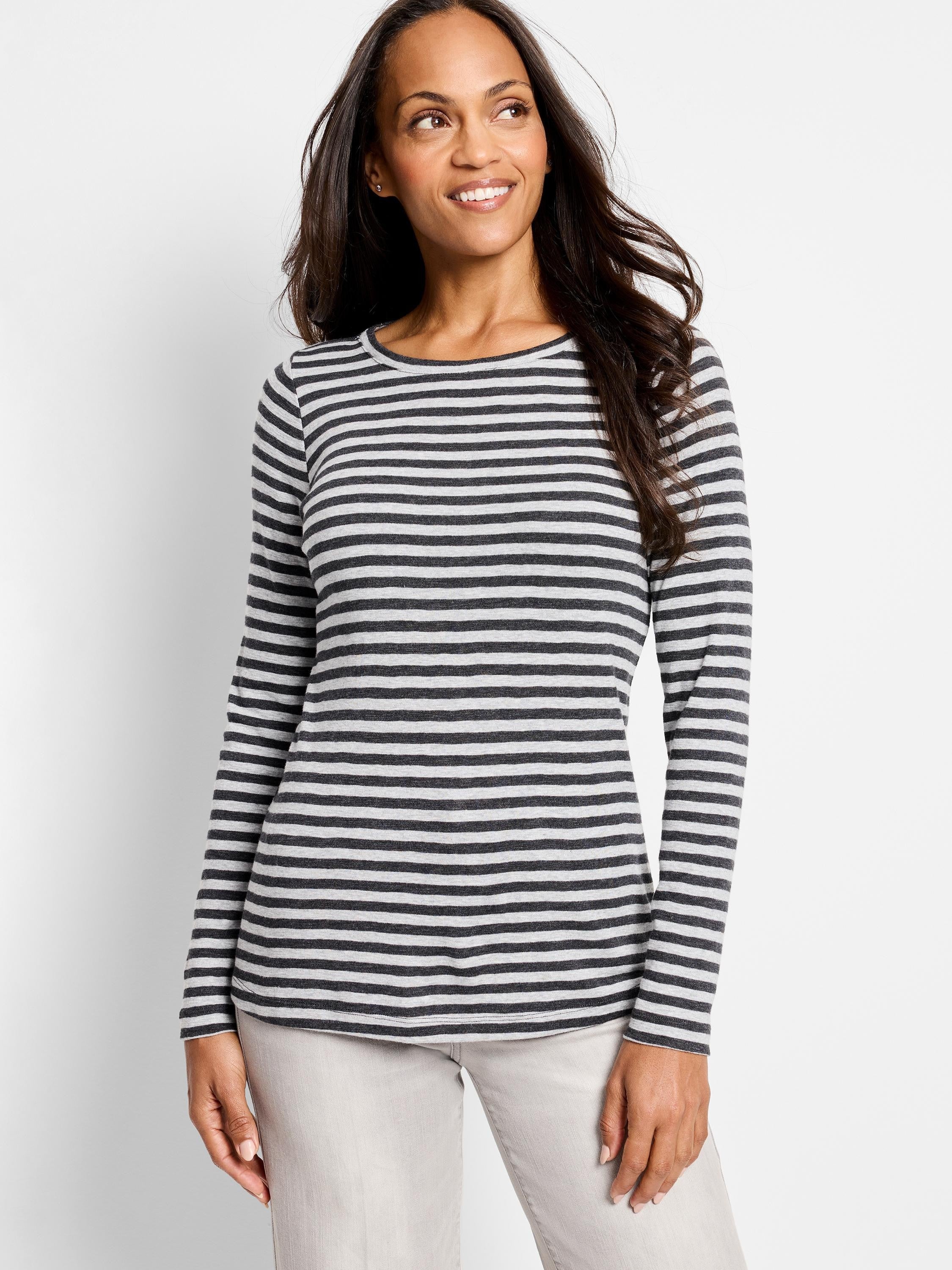 Gray and dark gray horizontal striped long-sleeve shirt; round neck.