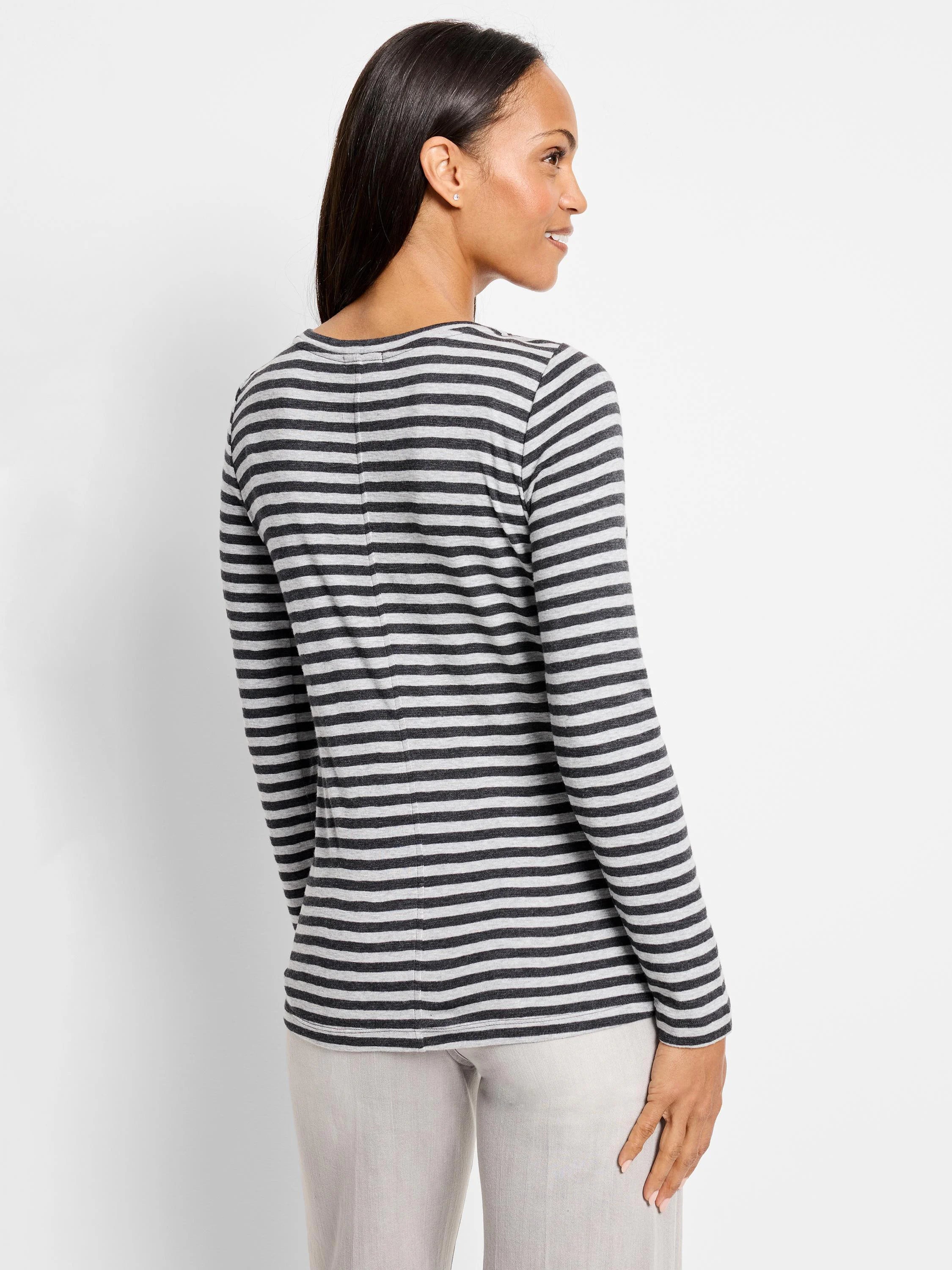 Gray and dark gray horizontal striped long-sleeve shirt; boat neck.