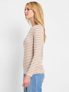 Beige and white striped long-sleeve shirt;  crew neck.