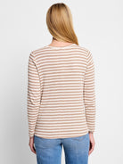Beige long-sleeve shirt with thin taupe stripes.  Back view.