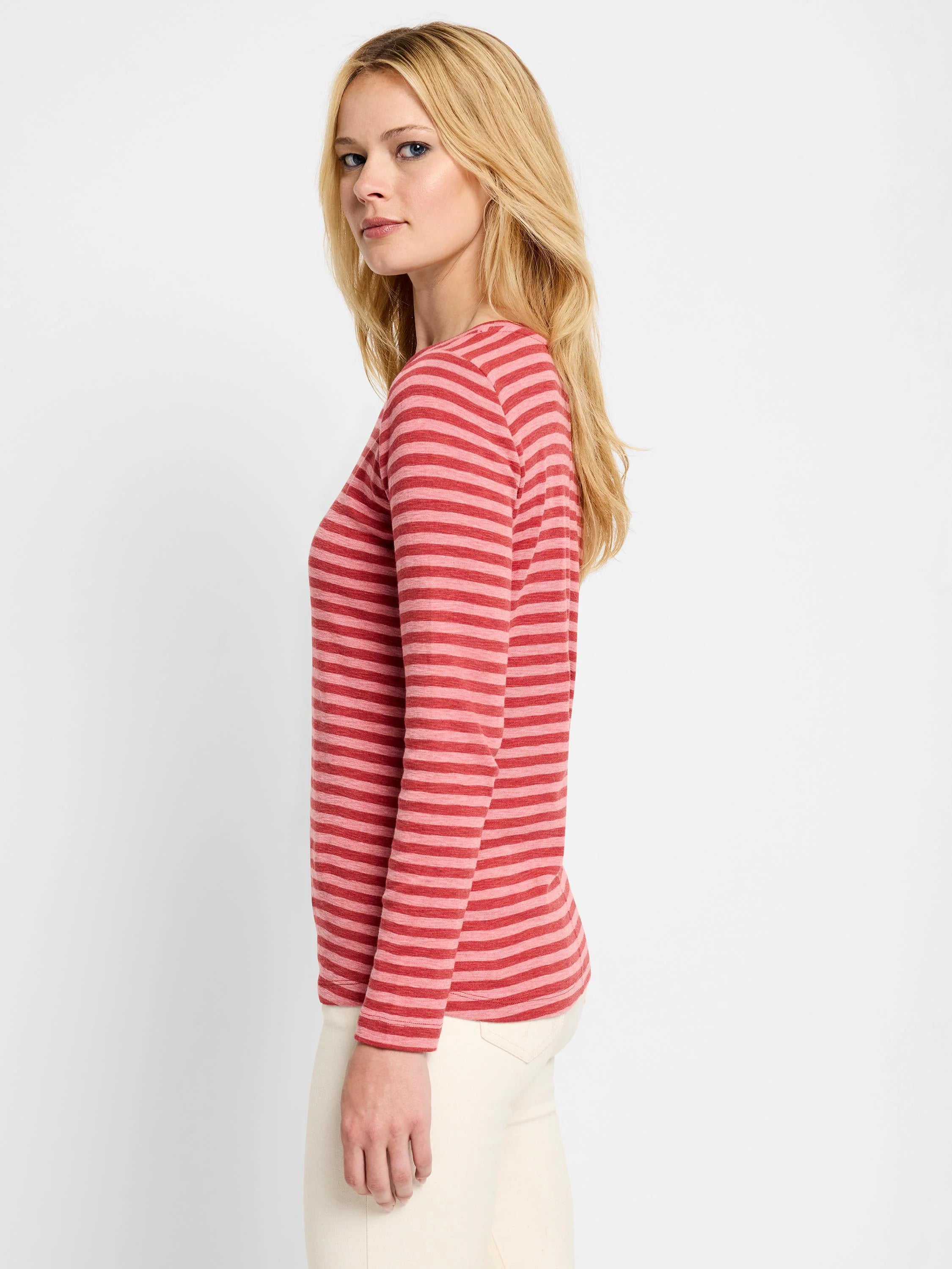 Red and pink striped long-sleeved shirt.  Boatneck.