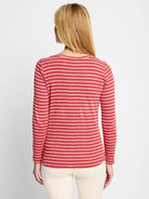 Red and pink horizontal striped long-sleeve shirt, shown from the back.