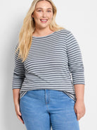 Grey and light blue striped, three-quarter sleeve boatneck top.