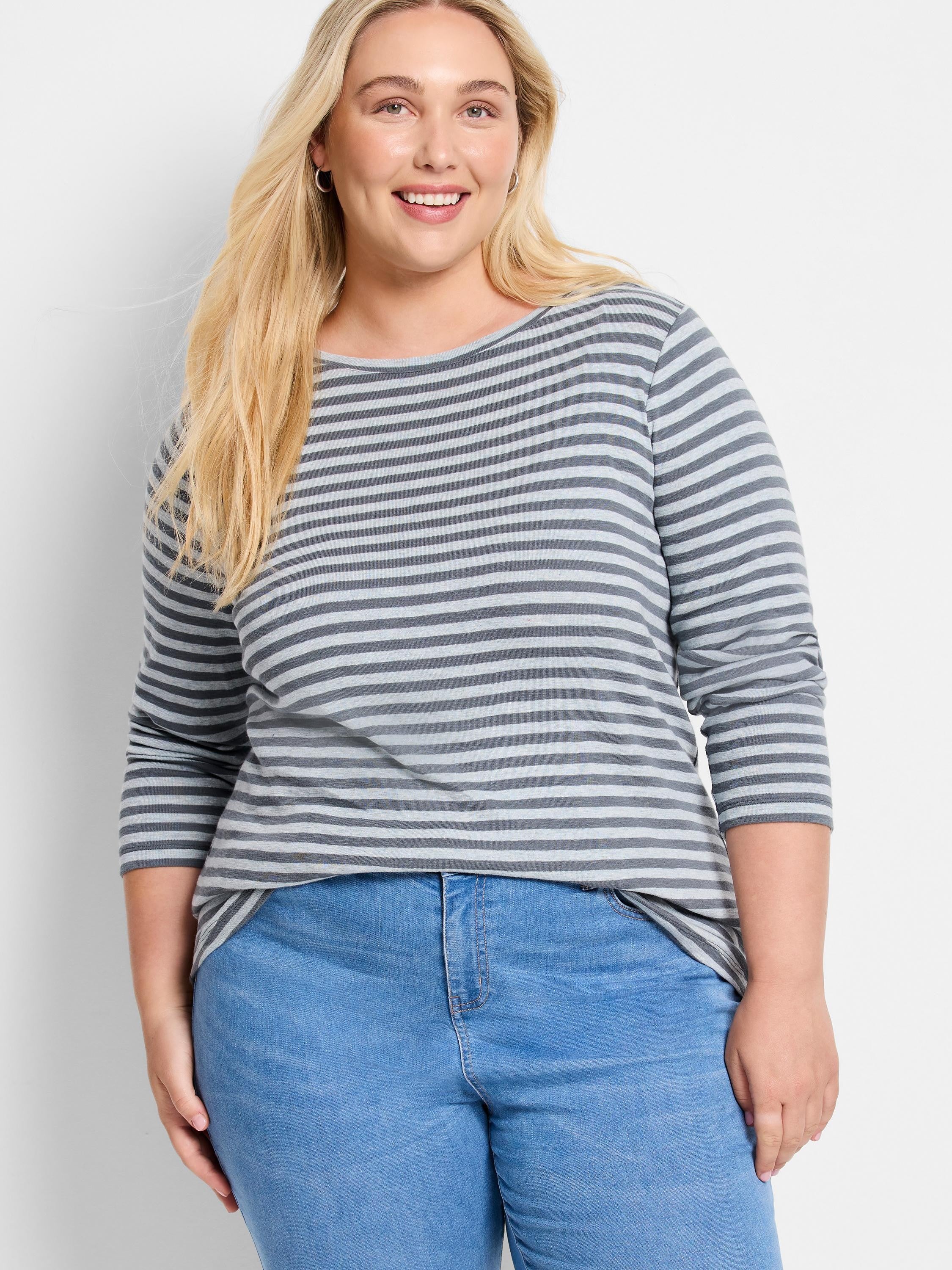 Grey and light blue striped, three-quarter sleeve boatneck top.
