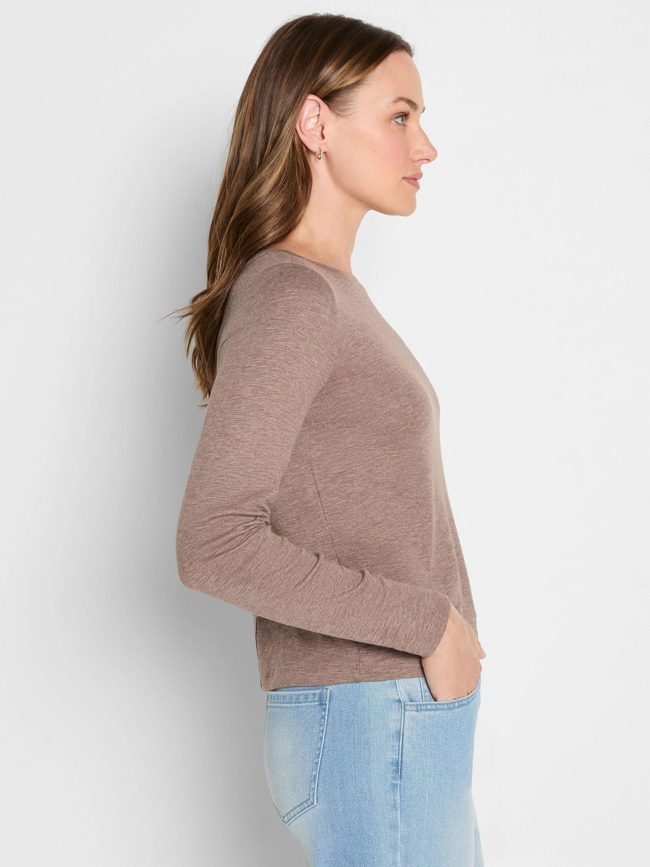 Heathered taupe long-sleeve boat neck tee on model, showing relaxed fit and textured fabric.