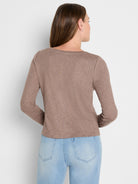 Heather brown long sleeve boat tee with a textured knit and subtle vertical seam down the back.