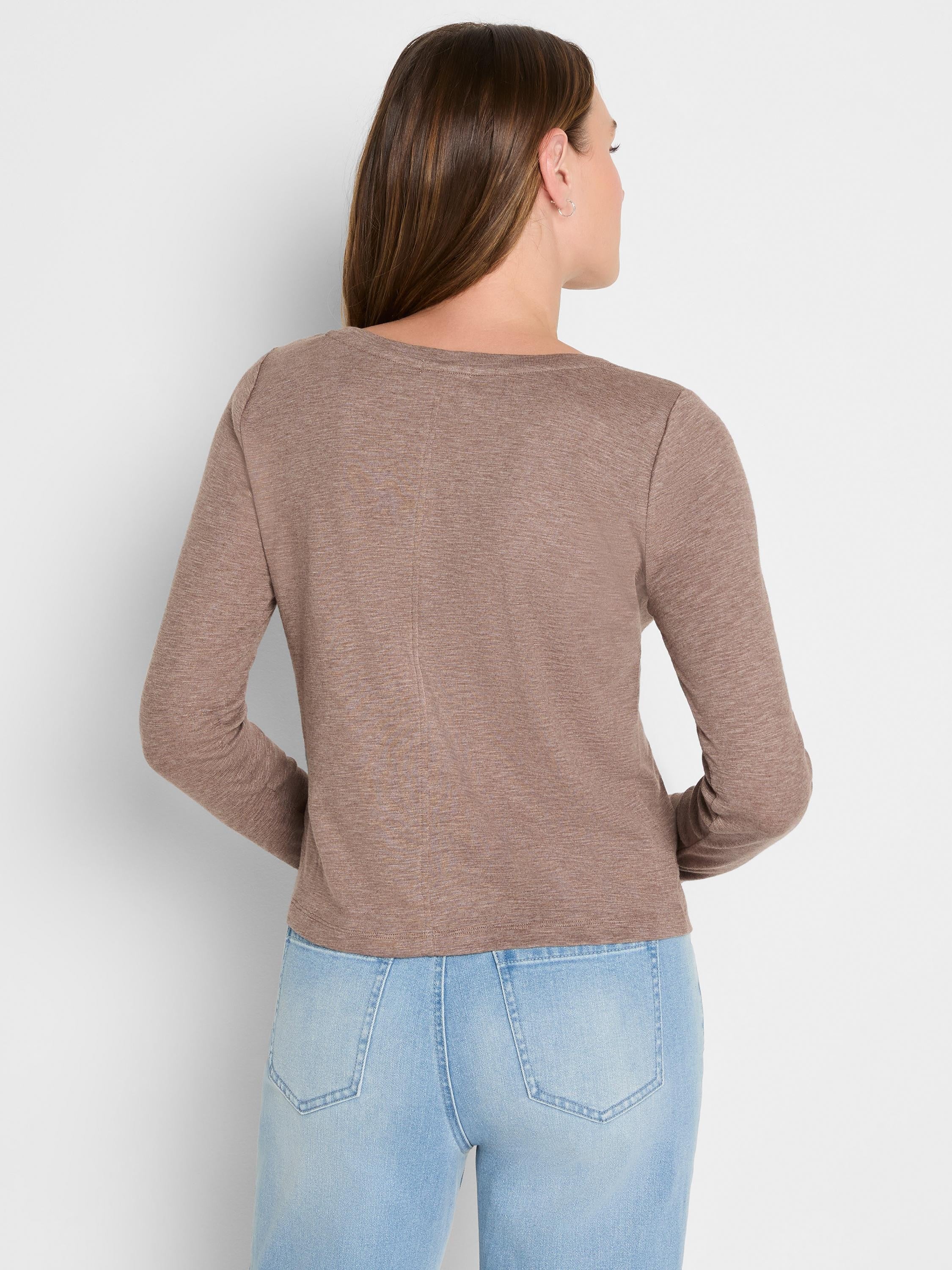 Heather brown long sleeve boat tee with a textured knit and subtle vertical seam down the back.