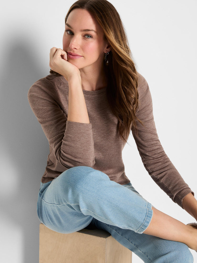 Heather brown long sleeve tee with a round neckline and subtle ribbed knit texture.