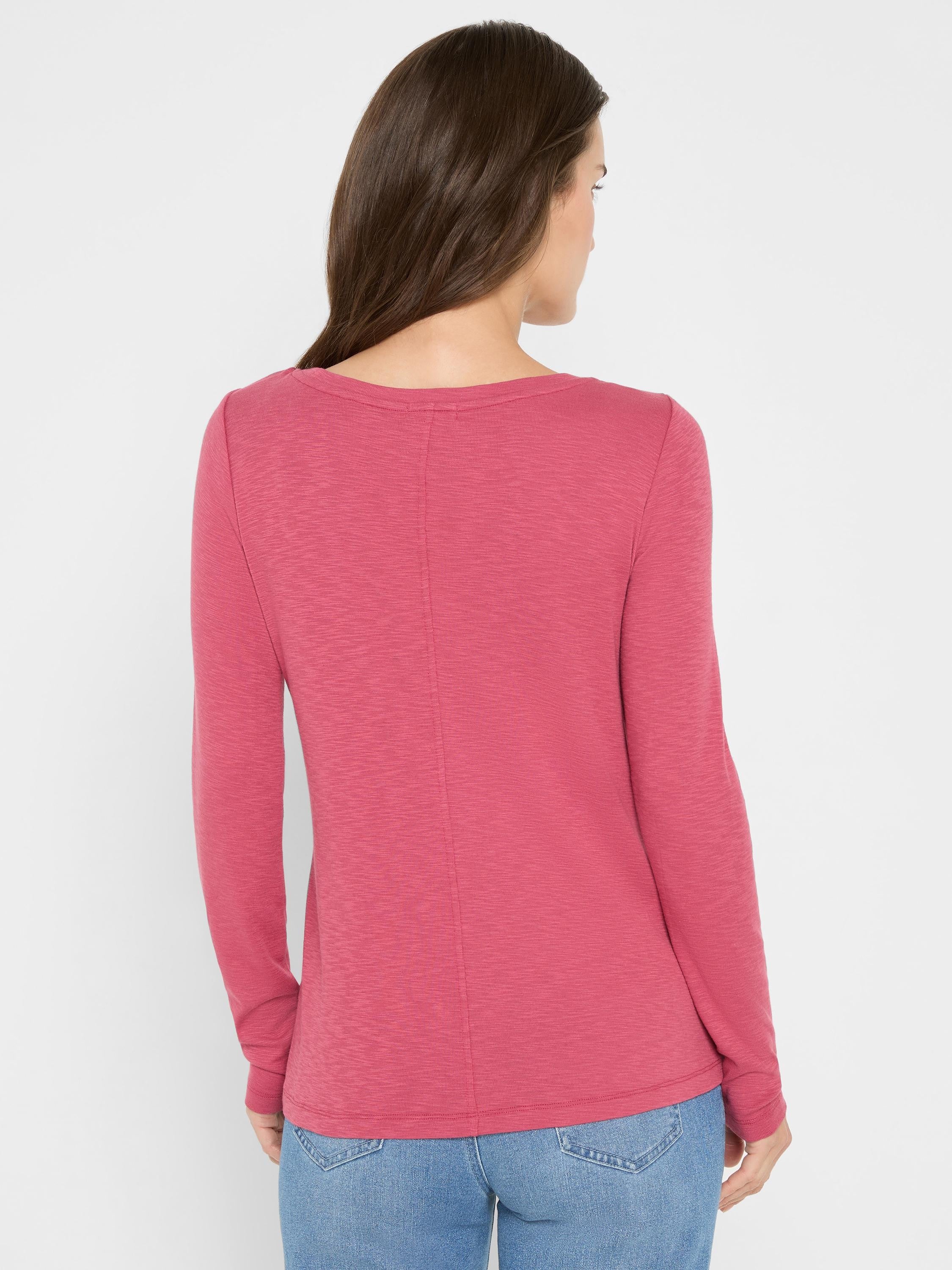 Here's alt text under 125 characters:

Reddish-pink long-sleeved boatneck shirt;  back view.  Slightly textured fabric.