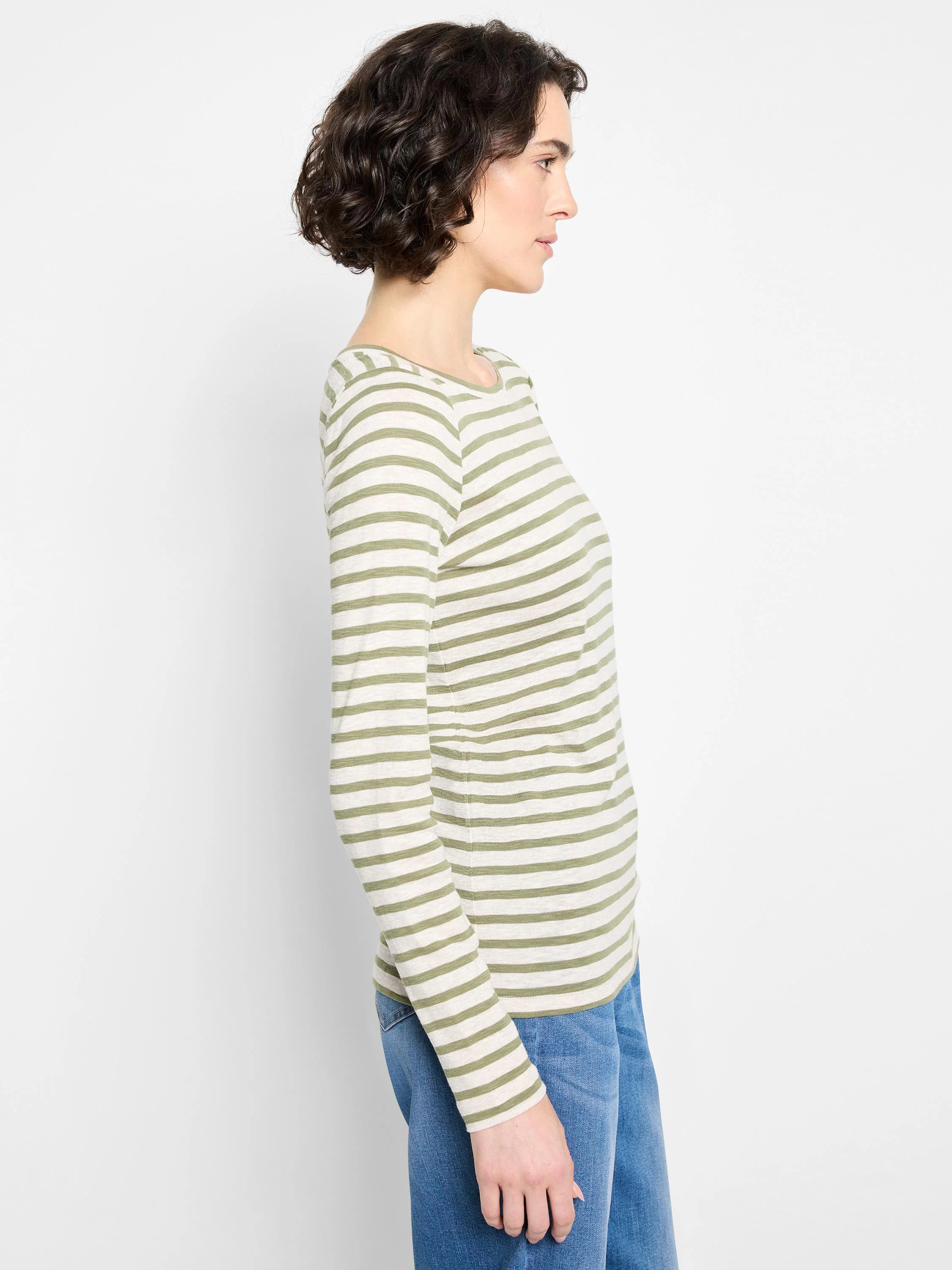Long-sleeved, olive green and off-white striped boatneck shirt.