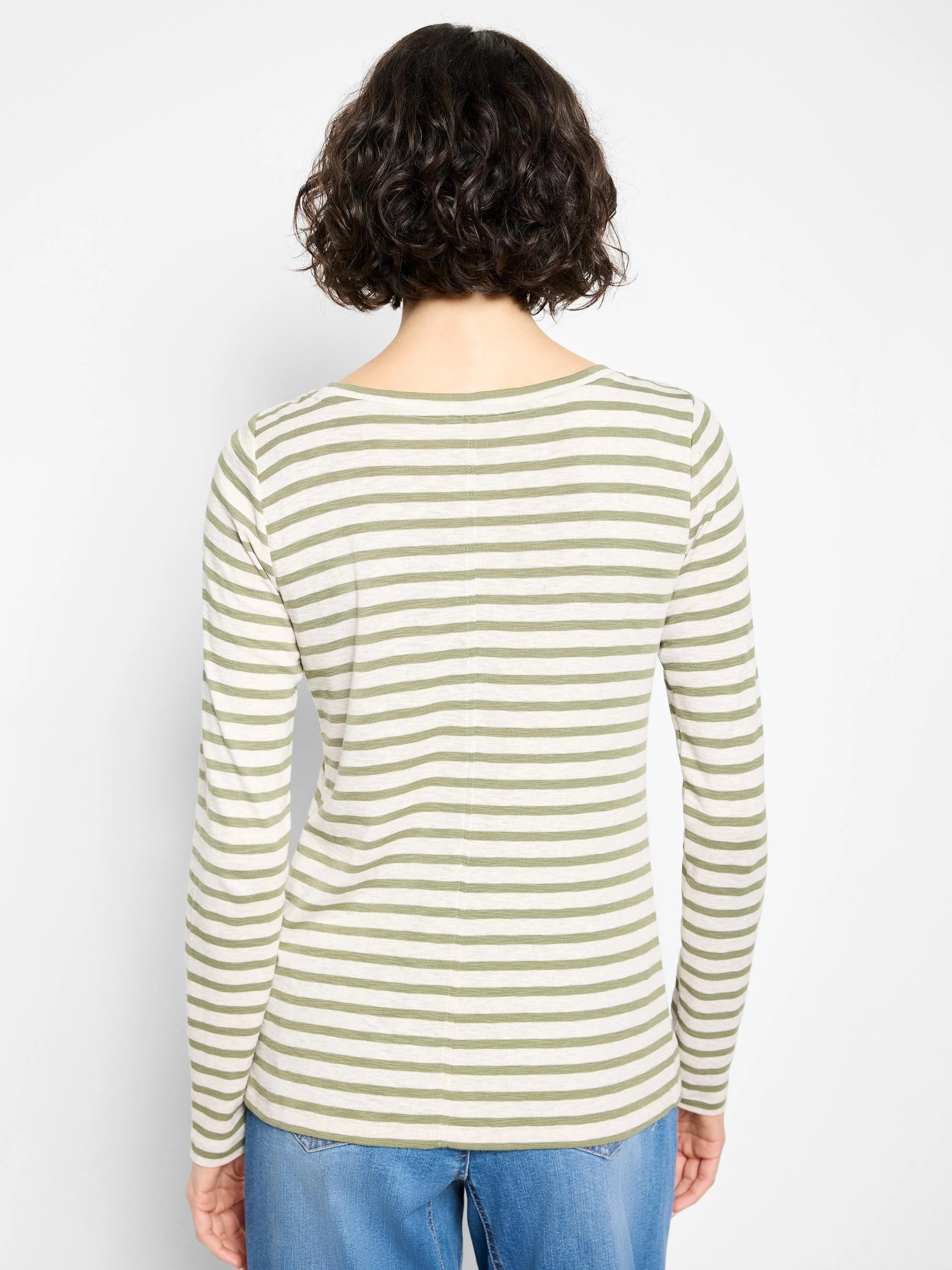 Image of olive green and cream horizontally striped long-sleeve shirt; boat neck.