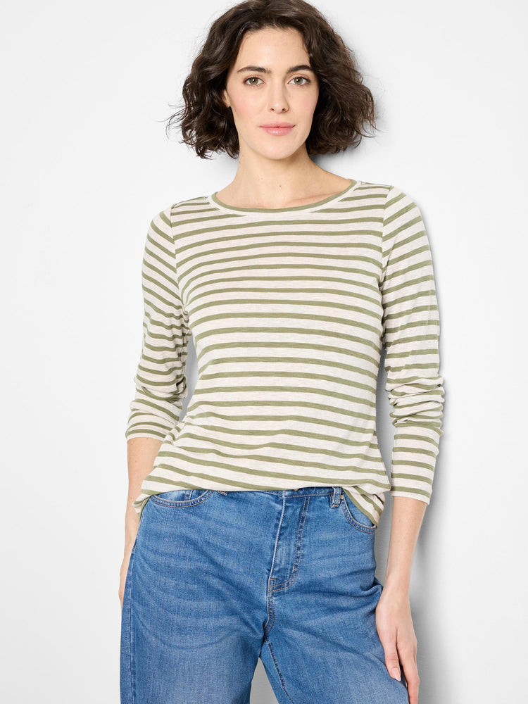Long-sleeve, boat-neck shirt.  Off-white and olive green horizontal stripes.
