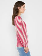 Long sleeve boat tee with horizontal red and off-white stripes.