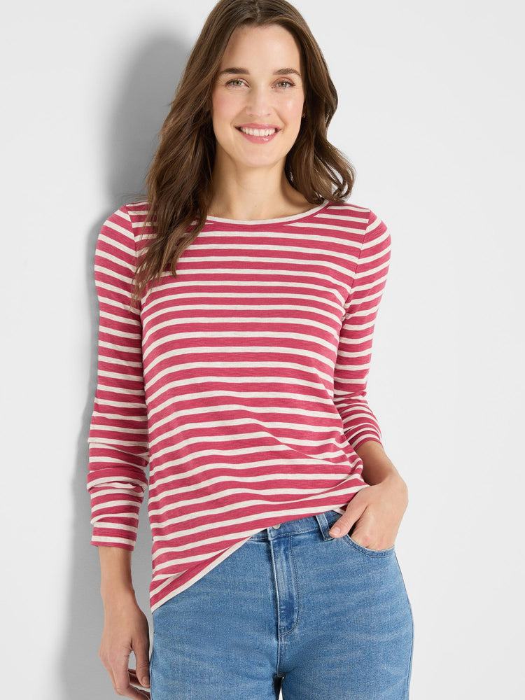 Muted red and off-white horizontally striped long sleeve boat neck tee.