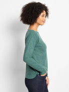Heathered green long-sleeved boat-neck top with a relaxed fit.
