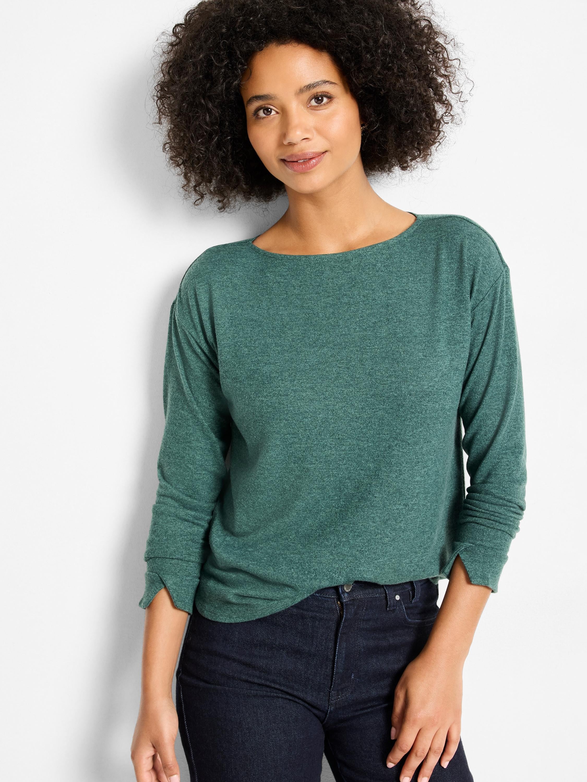 Heather green long-sleeve top with a boat neck and slit cuffs.