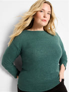 Heathered dark green top with boat neckline and long sleeves. Relaxed fit.