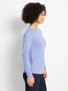 Light blue long-sleeved top with a white crew neck trim, suggesting a double-layered appearance.
