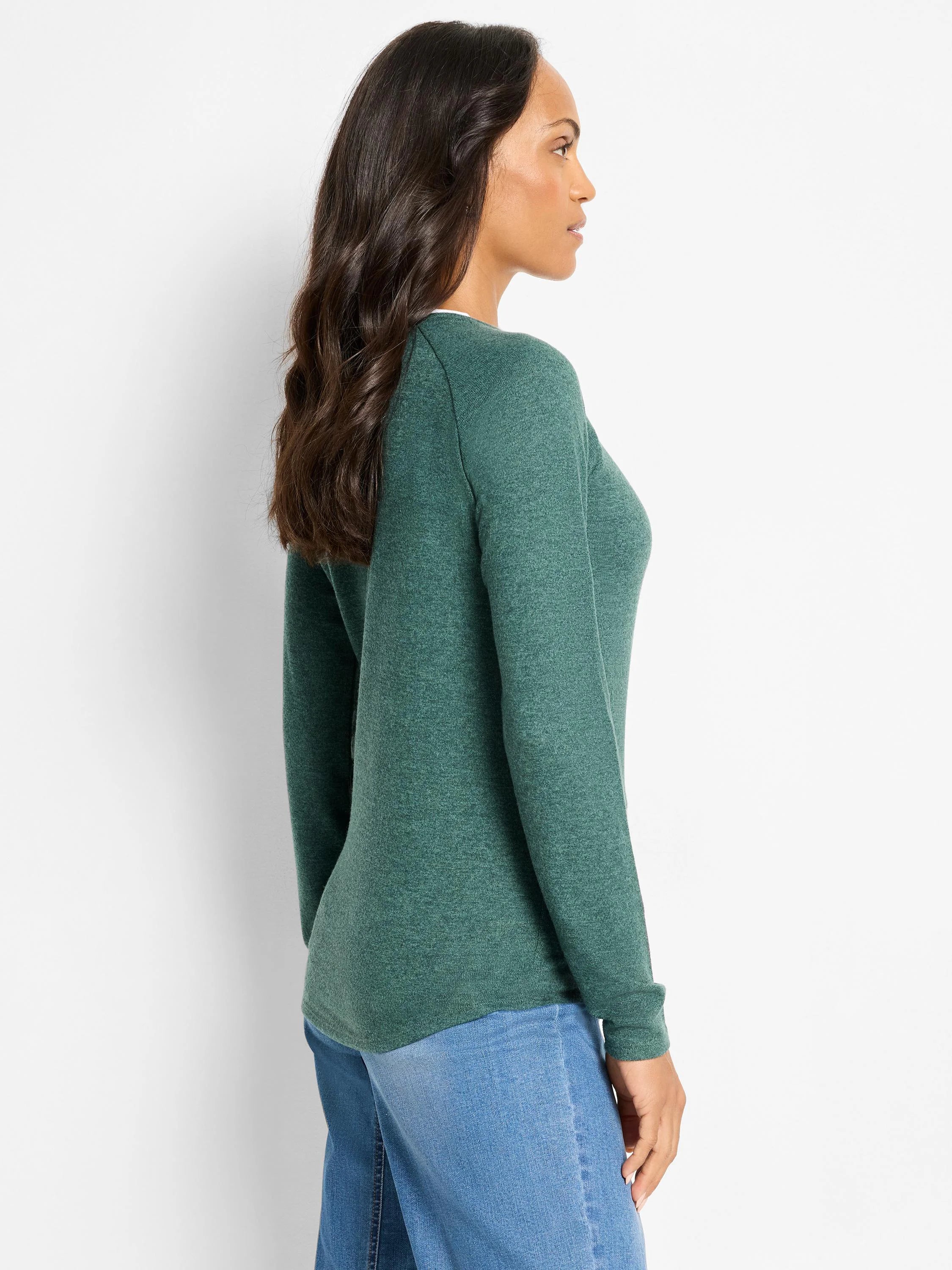 Dark green mélange long-sleeve top with a round neck and subtly curved hem.