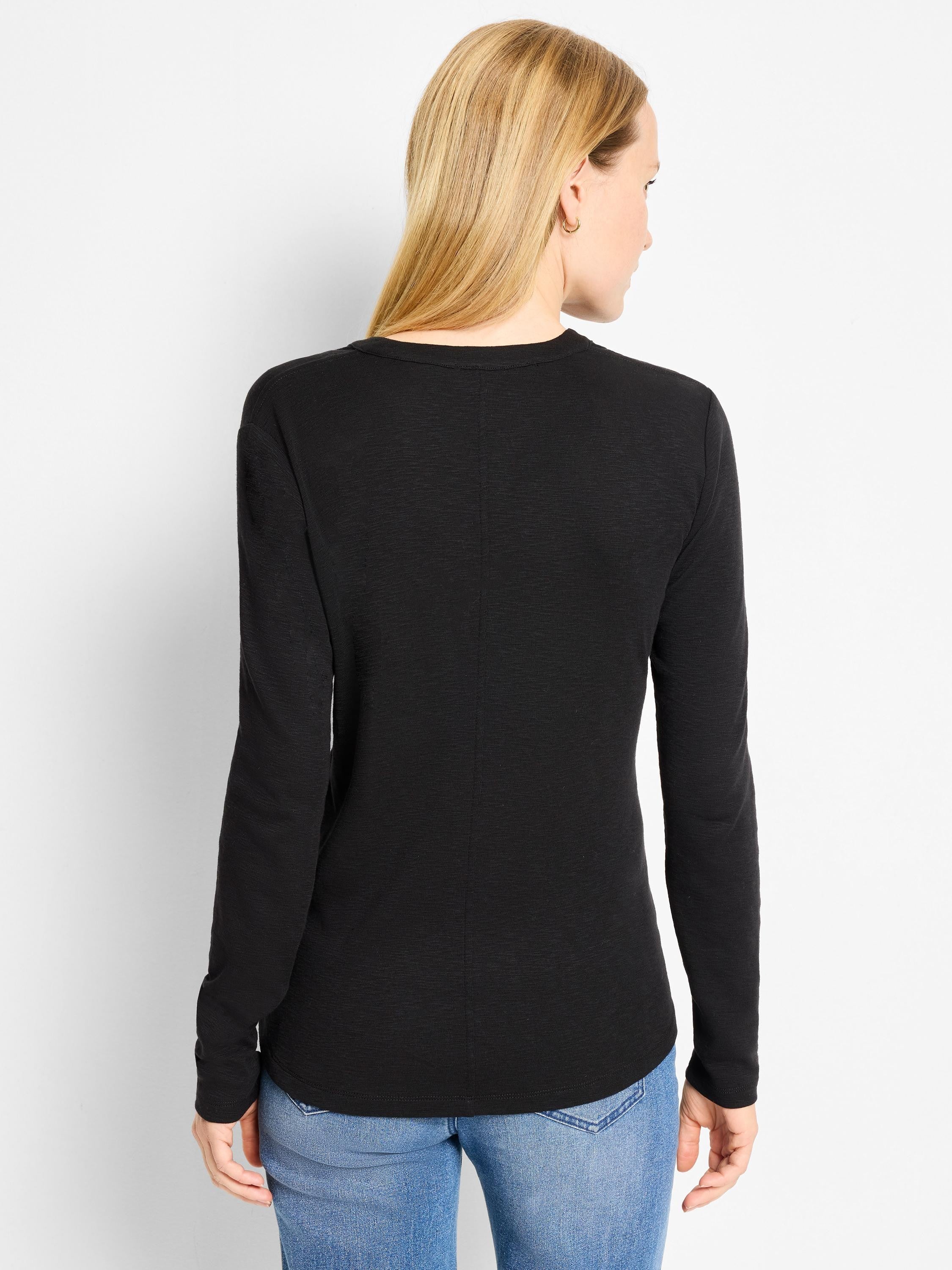Black long-sleeve henley shirt, back view.  Slight texture visible.