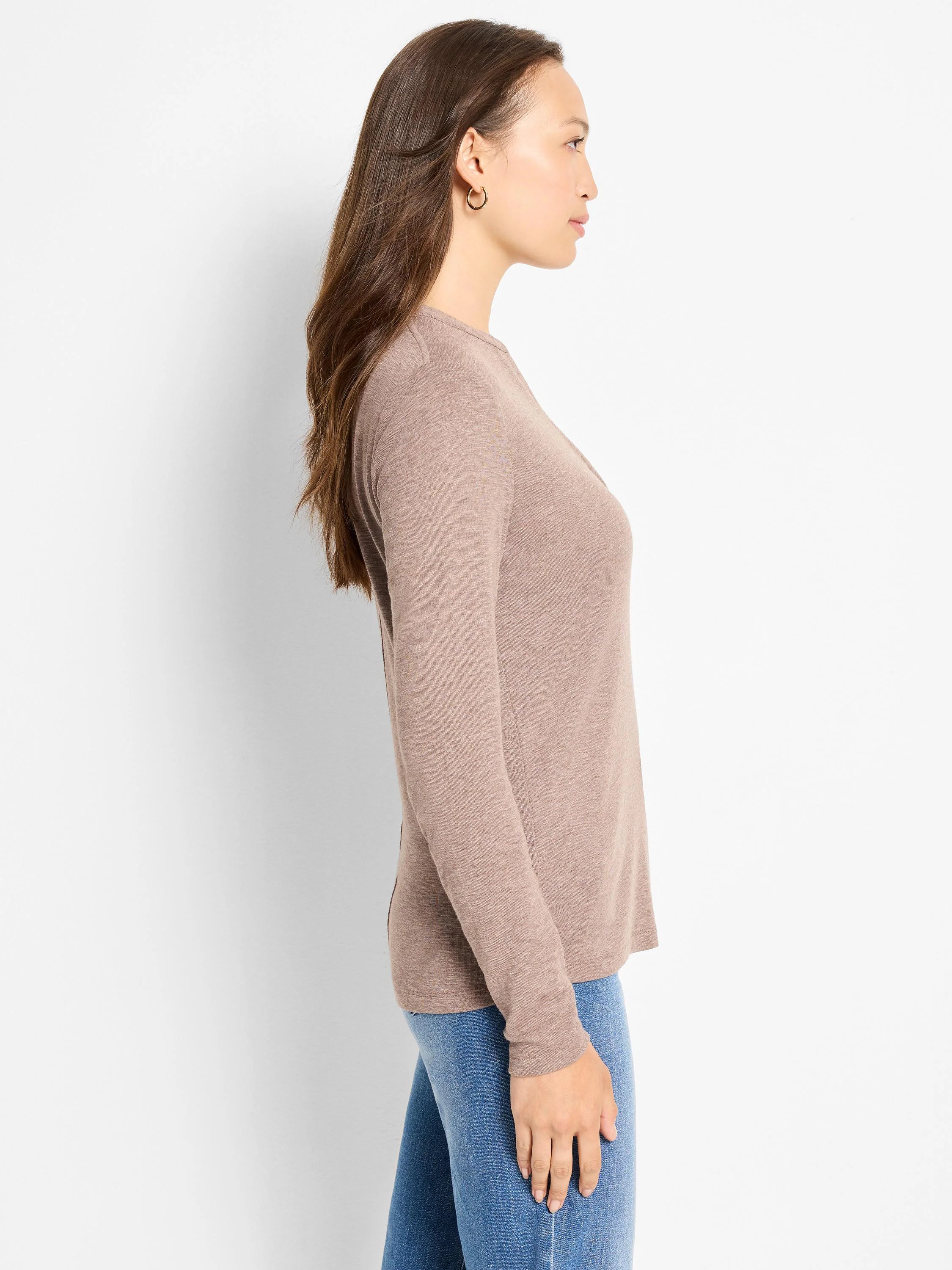 Here's alt text under 125 characters:

Mauve long-sleeve henley shirt; side profile.  The shirt is a textured knit.