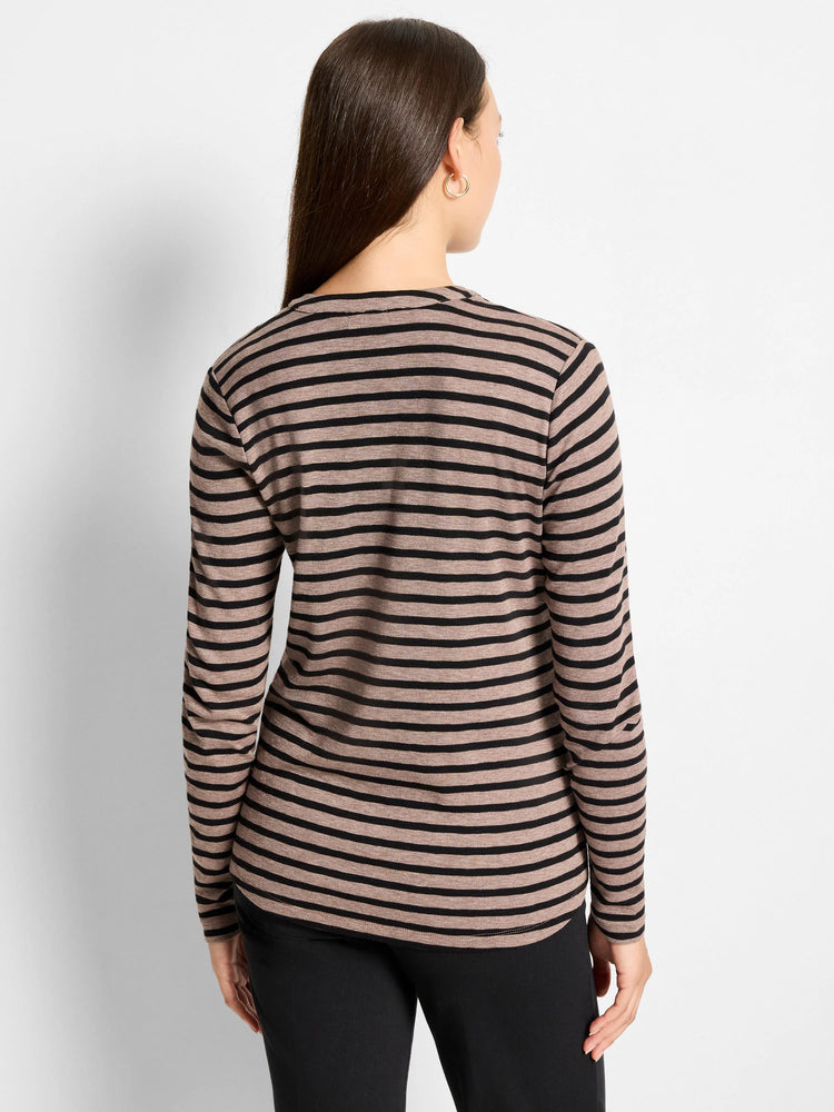 Brown and black horizontally striped long-sleeve henley shirt.