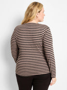 Brown and black horizontal striped long-sleeve henley shirt.