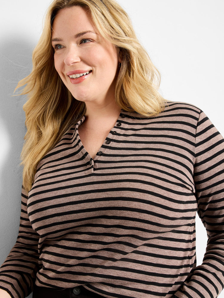 Mauve and black horizontal striped henley shirt; long sleeves, henley placket.
