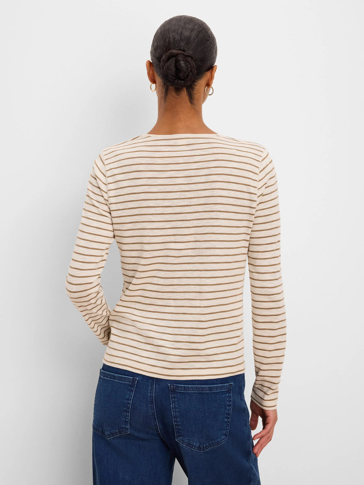 Beige long-sleeve tee with thin brown horizontal stripes, shown from the back.