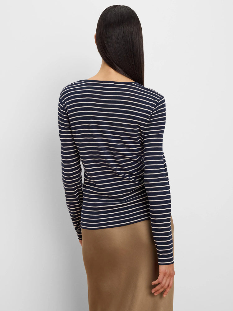 Navy blue and cream horizontal striped long sleeve tee, shown from the back on a model.