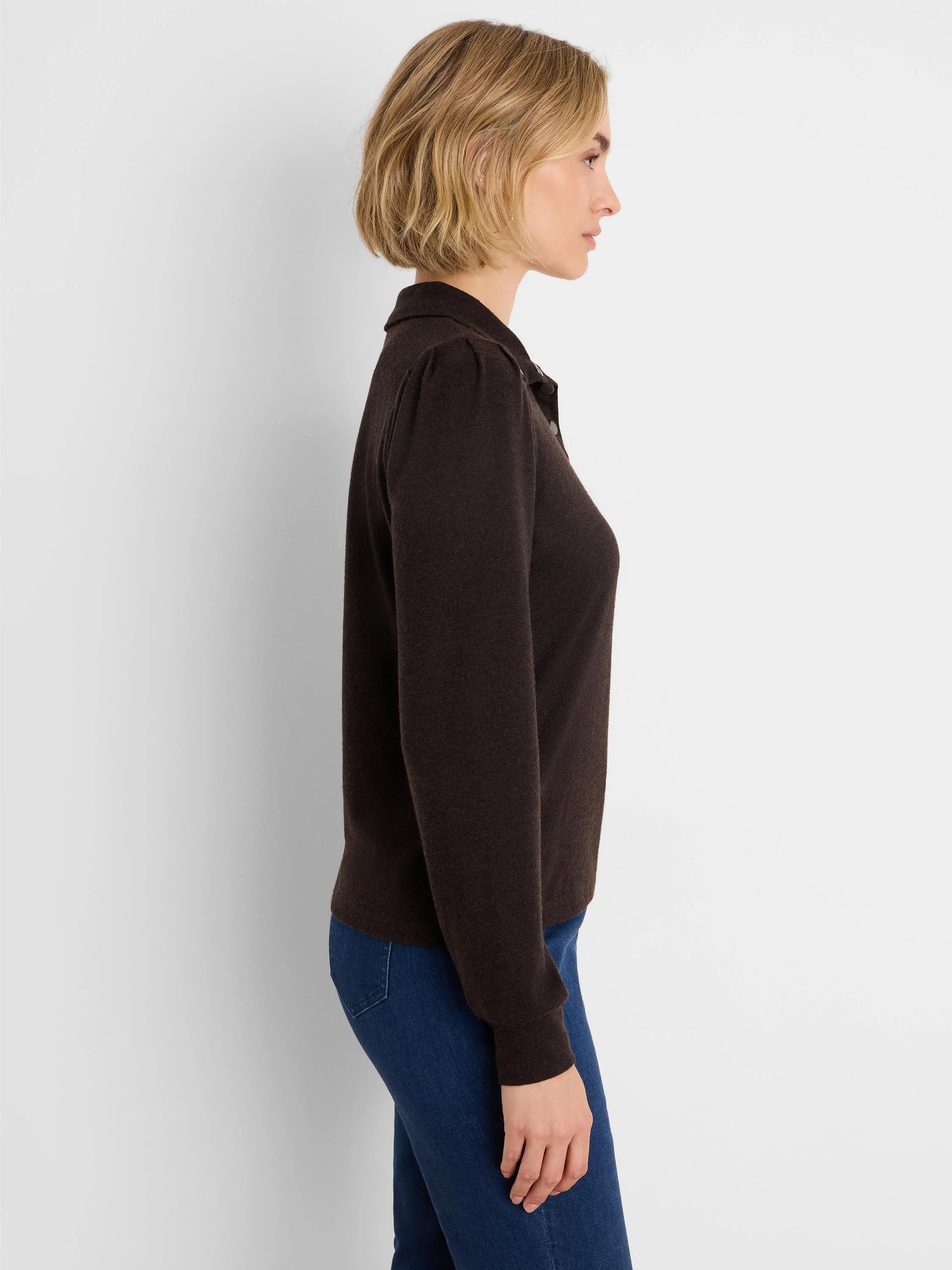 Dark brown collared top with puff sleeves and silver front buttons.
