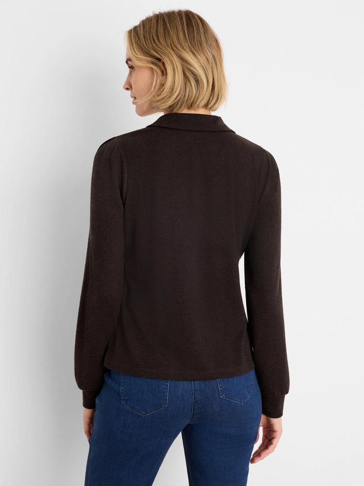 Dark brown knit tee with a polo collar, subtle puff sleeves, and ribbed cuffs.