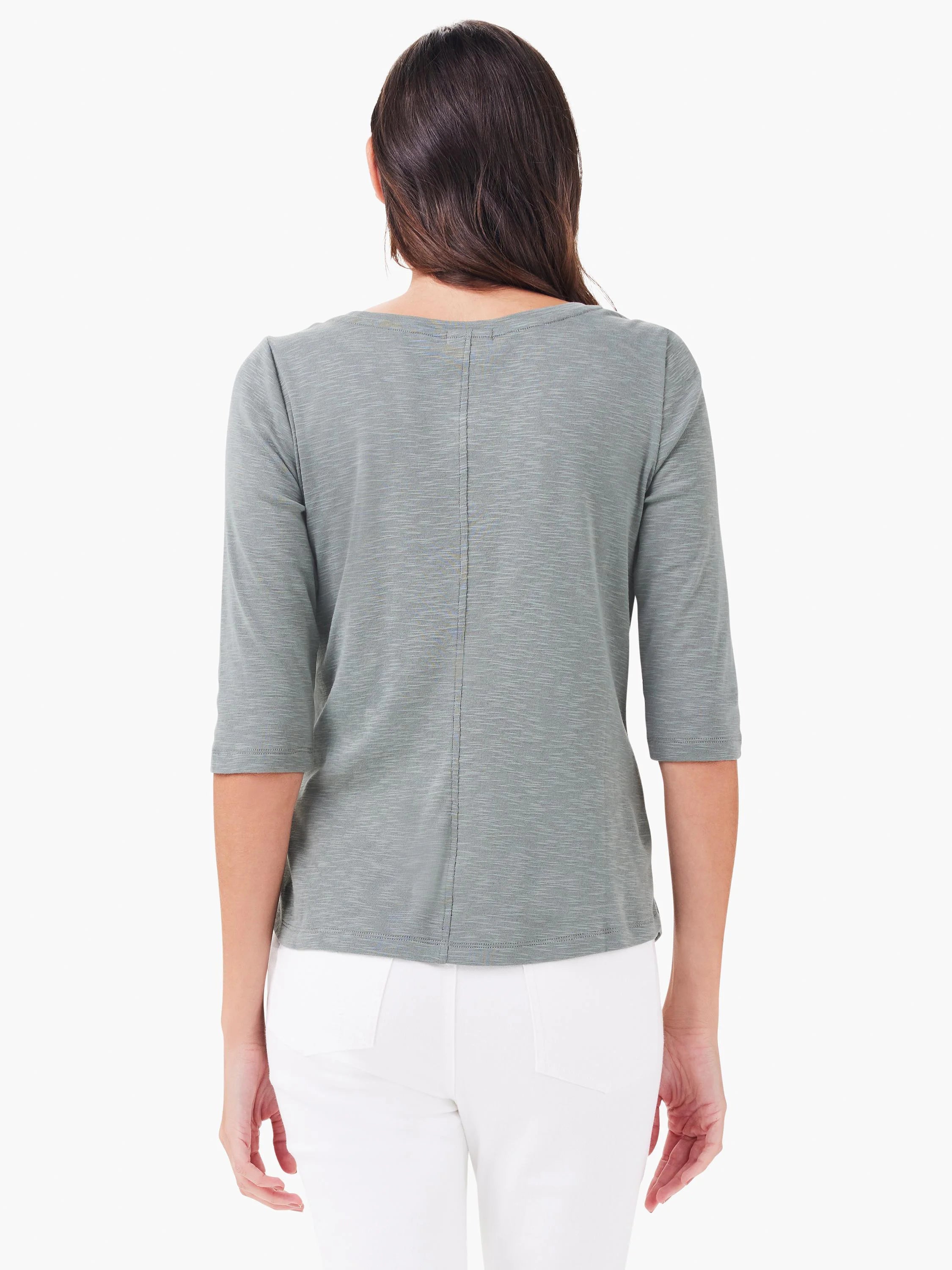 Muted greenish-gray 3/4 sleeve boat tee, back view on model. Features a center back seam and textured fabric.