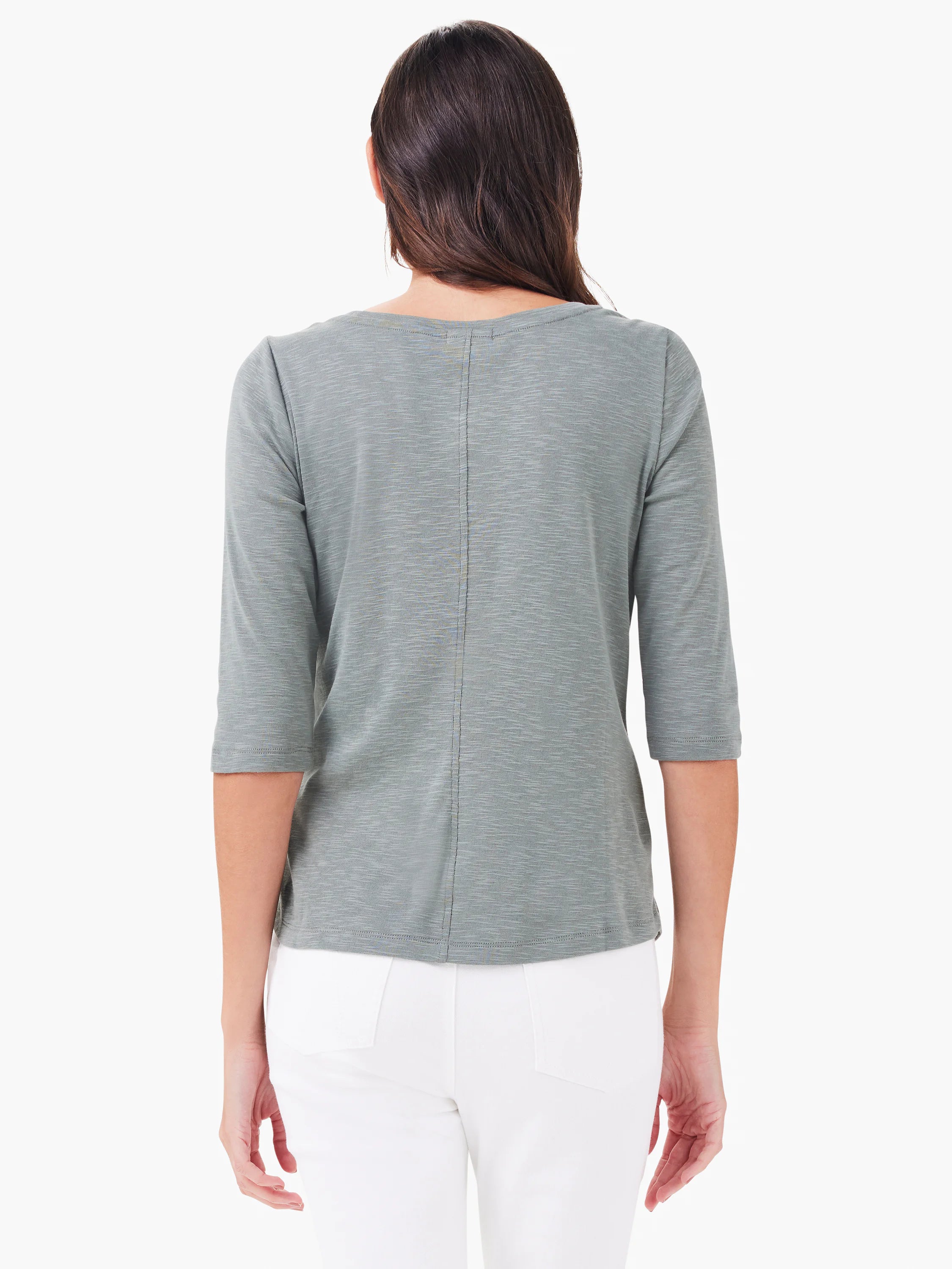 Back view: heather grey-green 3/4 sleeve tee with marled texture and a vertical seam down the center.