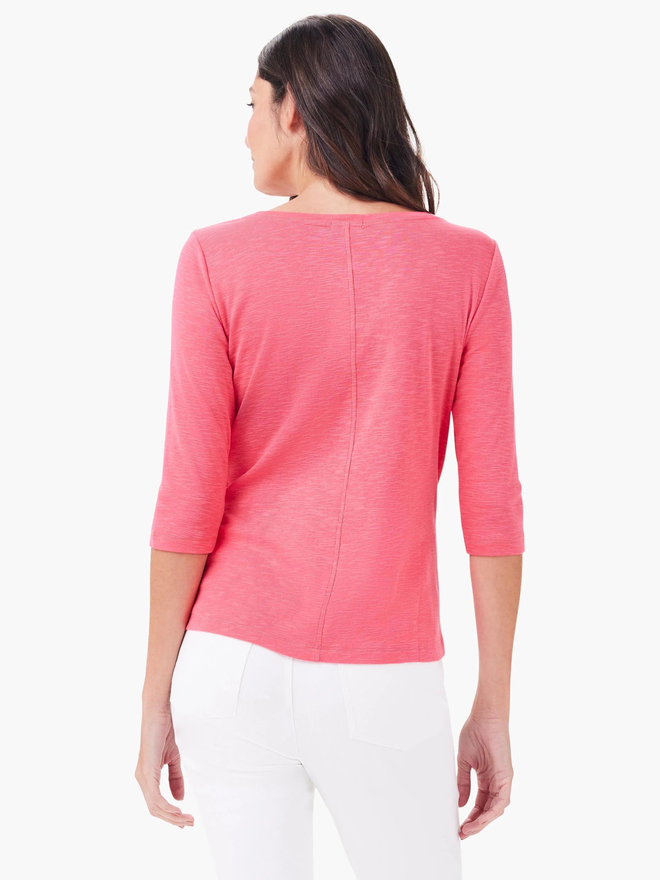 Heathered coral pink 3/4 sleeve boat neck tee with a visible center back seam, shown from the back.