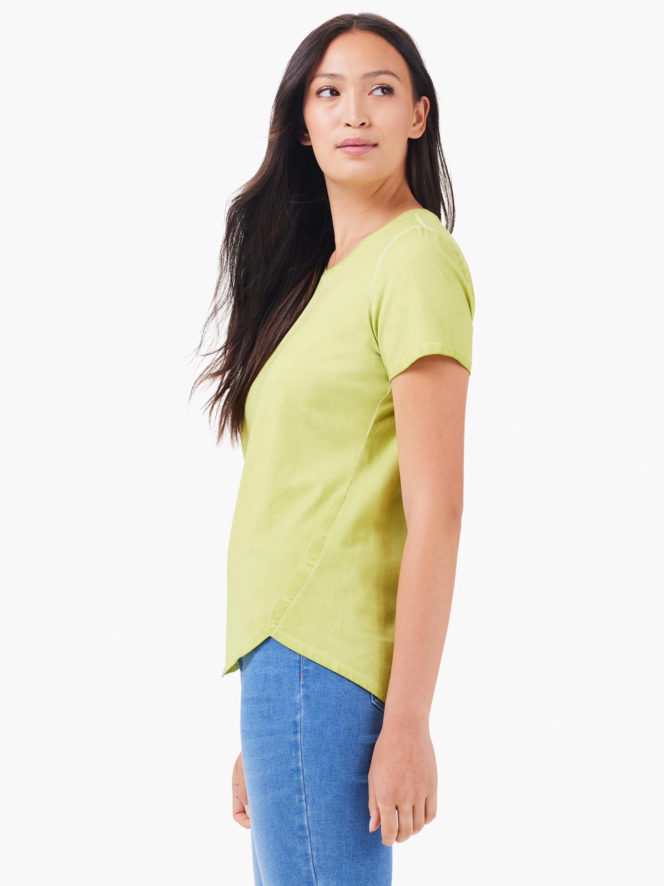 Light green short sleeve crew neck tee, featuring an asymmetrical wrap-style hem.