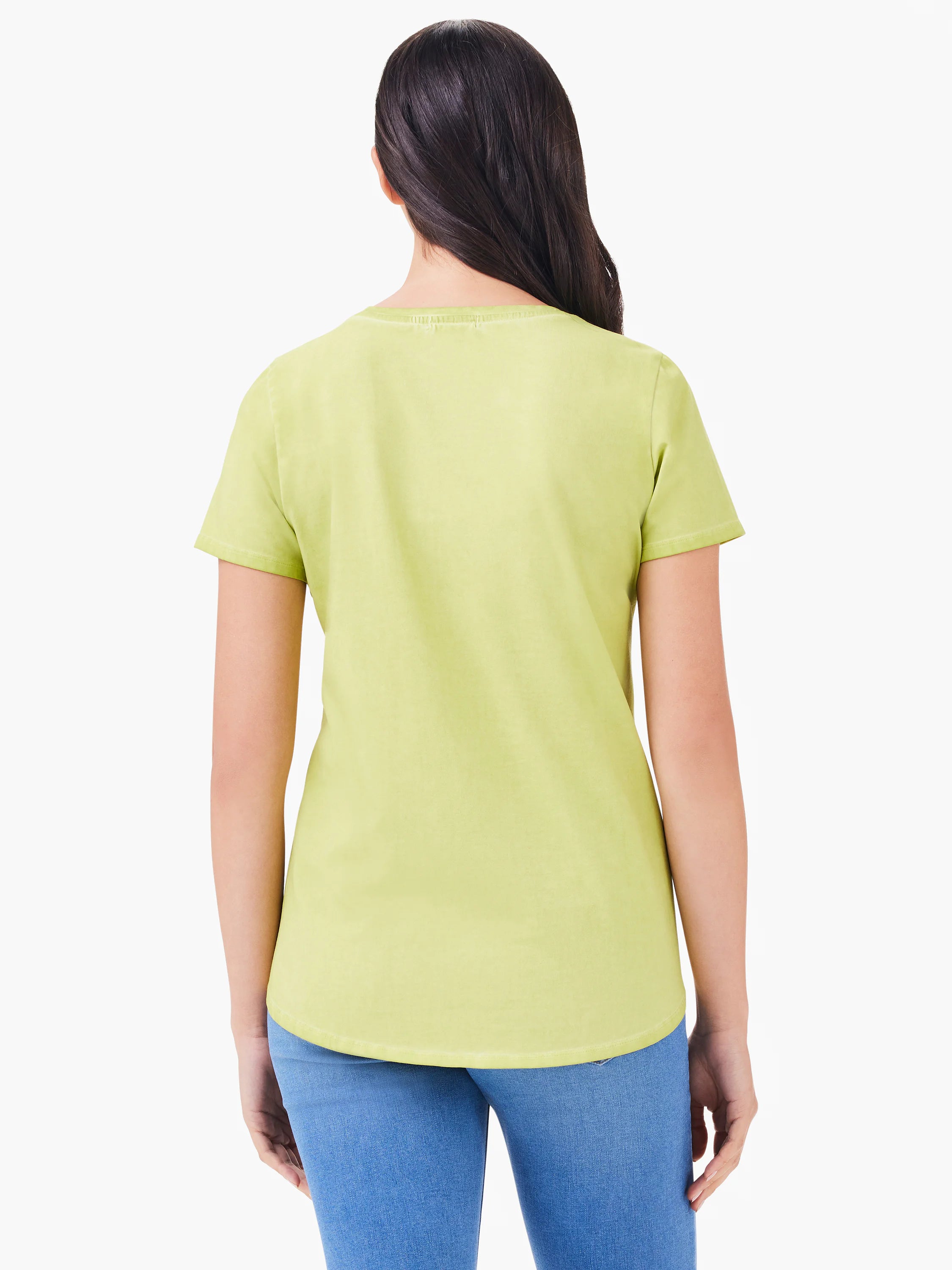 Back view of a person wearing a pale lime green short sleeve crew neck tee with a curved hem.