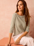 Sage green and white horizontal striped boatneck 3/4 sleeve shirt.